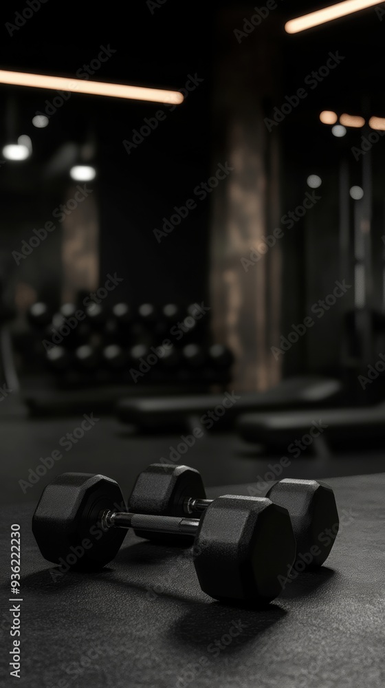 Poster two dumbbells sitting on a black gym floor in front of rows and rows of weights, ai