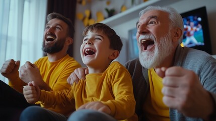 A joyful family moment with three generations celebrating together while watching a sports event at home in cozy, yellow attire and showing excitement during game highlights