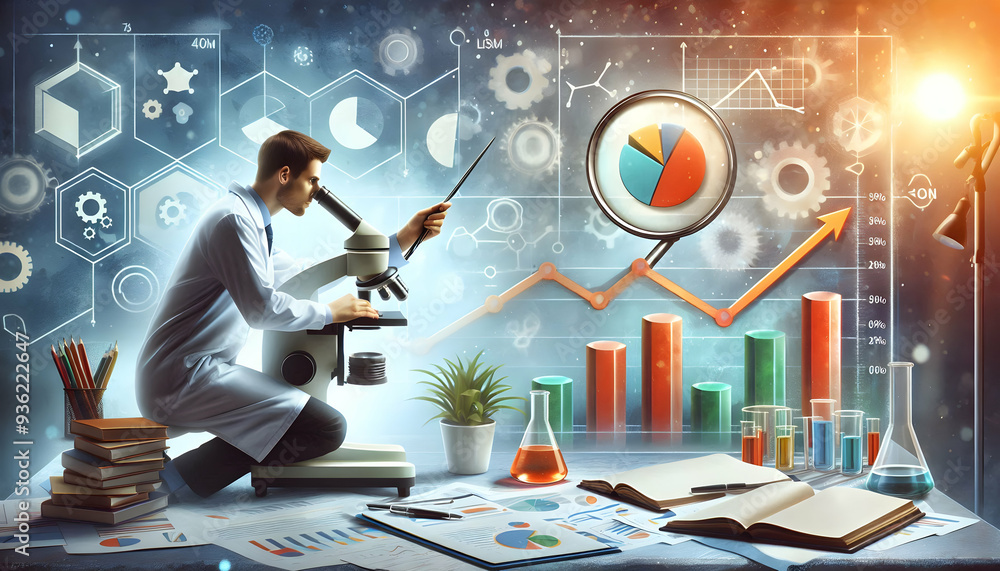 Poster photo realistic researcher analyzing data with microscope scientific research and business innovatio