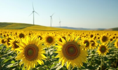 Vast sunflower fields, wind turbines in the distance