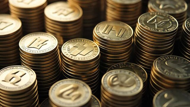 Close-up of stacks of coins, gold and silver currency.