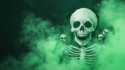 Pirate ghost ship surrounded by glowing green mist, skeletal crew at the helm, watercolor, eerie Halloween adventure