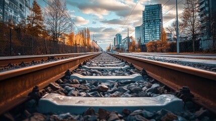 Fototapeta premium perspective of railway track forward to building in city