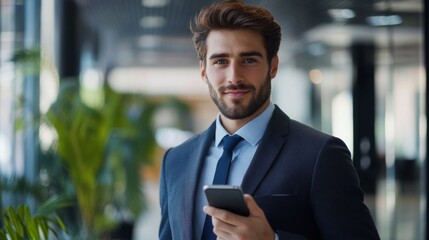 Portrait of a young businessman with a clear, energetic demeanor, holding a phone and dressed in a sharp suit, in an office space