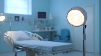 A hospital room with a bright light shining on a bed