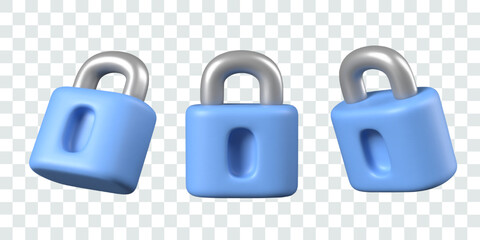 Blue padlock in different positions. Realistic lock with keyhole. Set of vector templates