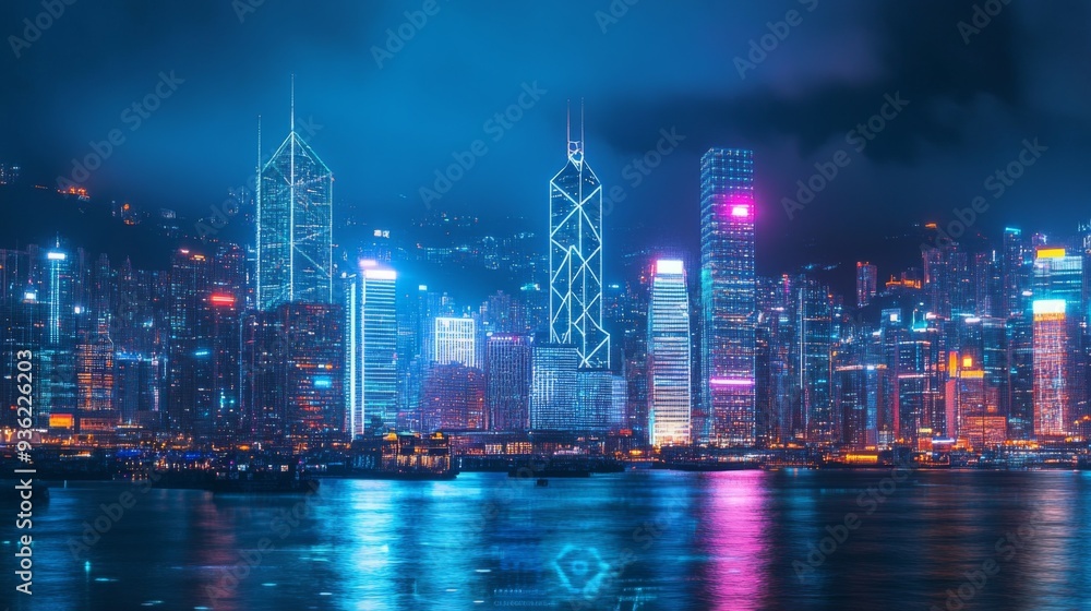 Poster smart network and connection technology concept, hong kong digital city background at night in victo