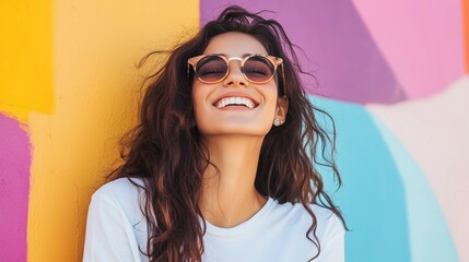 Laughing woman wearing sunglasses in front of colorful wall, AI-generative