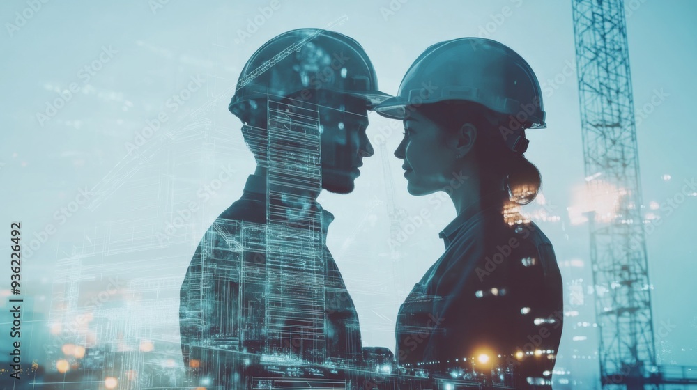 Poster team engineer building construction project with architect people or construction worker working wit