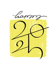 Happy 2025 vector hand-drawn numbers compositions on stamp-like colorful background. 2025 number design templates. Happy new year minimalistic concept for greeting materials.