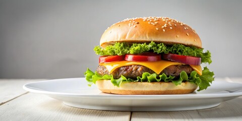 A juicy hamburger placed on a white plate , food, meat, fast food, burger, grilled, delicious, meal, lunch, dinner, savory