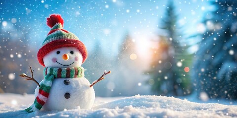 Fototapeta premium Happy snowman in winter scenery, snow, winter, happy, snowman, cold, frosty, Christmas, holidays, hat, scarf, carrot nose, white