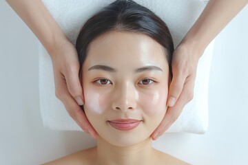 Naklejka premium Asian woman massaging face