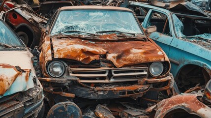 Pile of broken cars in a scrapyard, with rusted metal and shattered windows, emphasizing the end of vehicle life cycles.