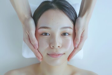 Naklejka premium Asian woman massaging face