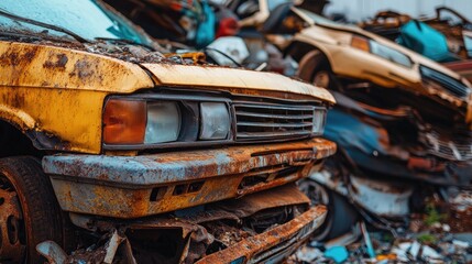 Pile of broken cars in a scrapyard, with rusted metal and shattered windows, emphasizing the end of vehicle life cycles.