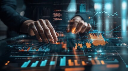Hands working with visualization of business analytics data.