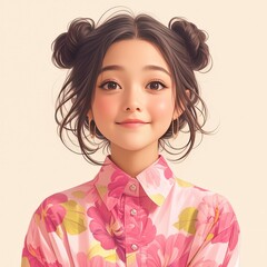 Fototapeta premium A young woman with long dark hair in two buns, wearing a pink floral shirt, smiles at the camera.