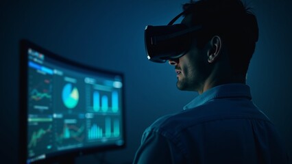 Man focused in VR headset, examining data visualizations on a screen. Intense concentration as he analyzes complex patterns and trends. Technology, research, data science imagery.
