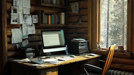 A wooden desk with a computer monitor and a chair with a plaid blanket on it