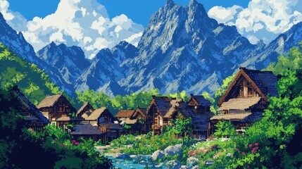 Fototapeta premium Pixel art village nestled beneath towering mountains, featuring vibrant colors and a picturesque, serene atmosphere.