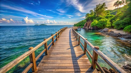 Fototapeta premium Wooden bridge on the side of the sea with a beautiful nature landscape in the background, wood, bridge, sea, nature, landscape