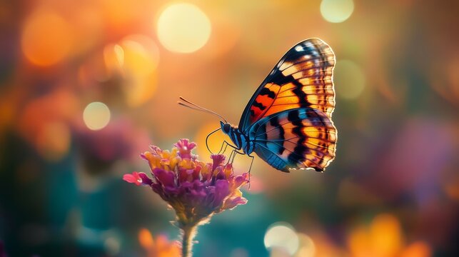 A stunning macro photograph captures a butterfly hovering above a flower, bathed in a play of light and shadow. The vibrant colors and intricate details make it a captivating piece of art.