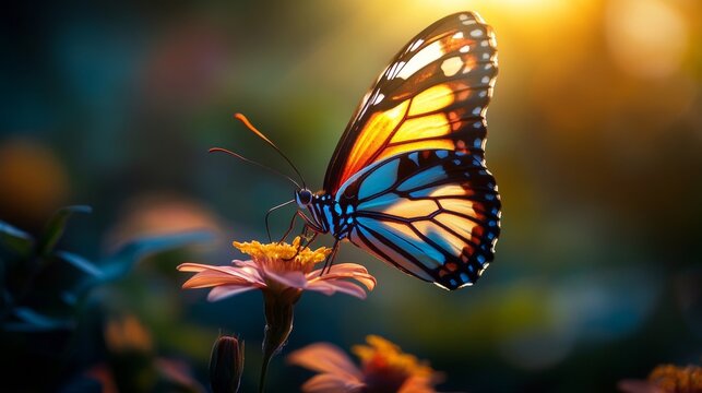 A stunning macro photograph captures a butterfly hovering above a flower, bathed in a play of light and shadow. The vibrant colors and intricate details make it a captivating piece of art.
