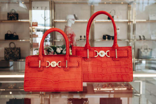 Cannes, France - August 1, 2024: Versace bag in a boutique window in Cannes