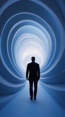 Fototapeta premium Silhouette of a man in a suit walking into a futuristic, swirling blue tunnel, symbolizing concept of unknown journey or adventure.