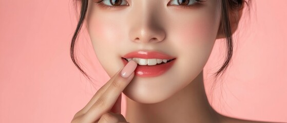 A close-up portrait of a woman's face featuring her freckled skin, green eyes, and red nail polish