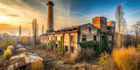 Abandoned industrial facility with rusty chimney stands amidst overgrown vegetation, showcasing urban decay and neglect in a forgotten corner of Parma, Italy, on a winter morning.