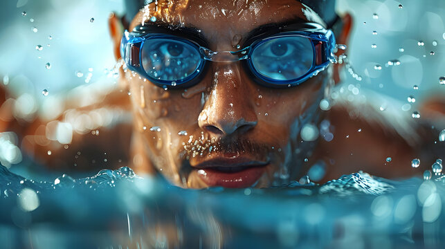 Swimmer's Face Breaks the Surface, Water Droplets Create Copy Space