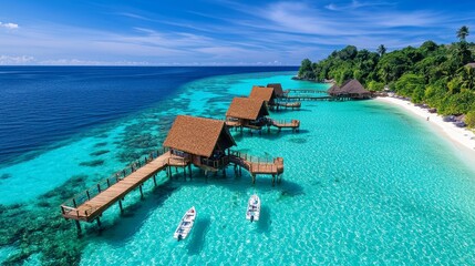 Obraz premium Island resort with colorful coral reefs just off the shore.