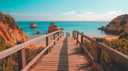 Obraz premium Wooden Pathway Leading to a Secluded Beach