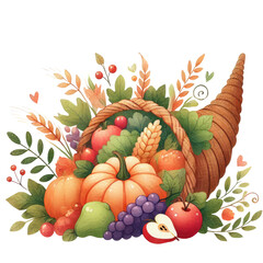 Festive cornucopia illustration featuring pumpkins, fruits, and vegetables, symbolizing abundance and harvest season.