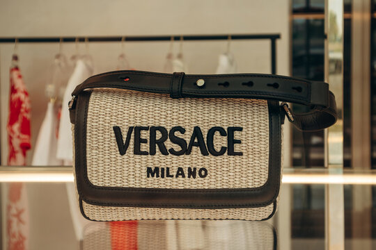 Cannes, France - August 1, 2024: Versace bag in a boutique window in Cannes