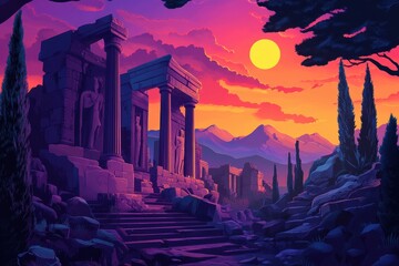 Ancient Ruins at Sunset with a Large Yellow Sun and Mountains in the Background
