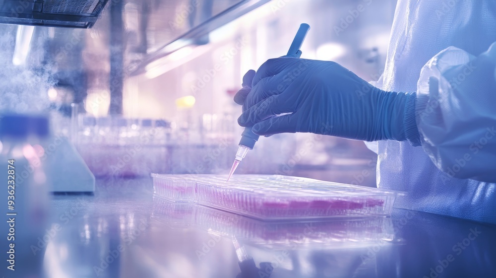 Poster a scientist is working in a lab with a tray of test tubes and a syringe