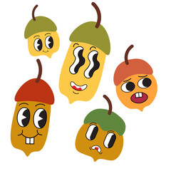 color isolated cute character autumn acorns cartoon vector illustration set. element for logo sticker poster print mascot design decor backgrounds