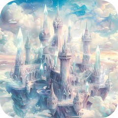A mystical castle in the clouds surrounded by ethereal crystal towers in a dreamy fantasy realm.