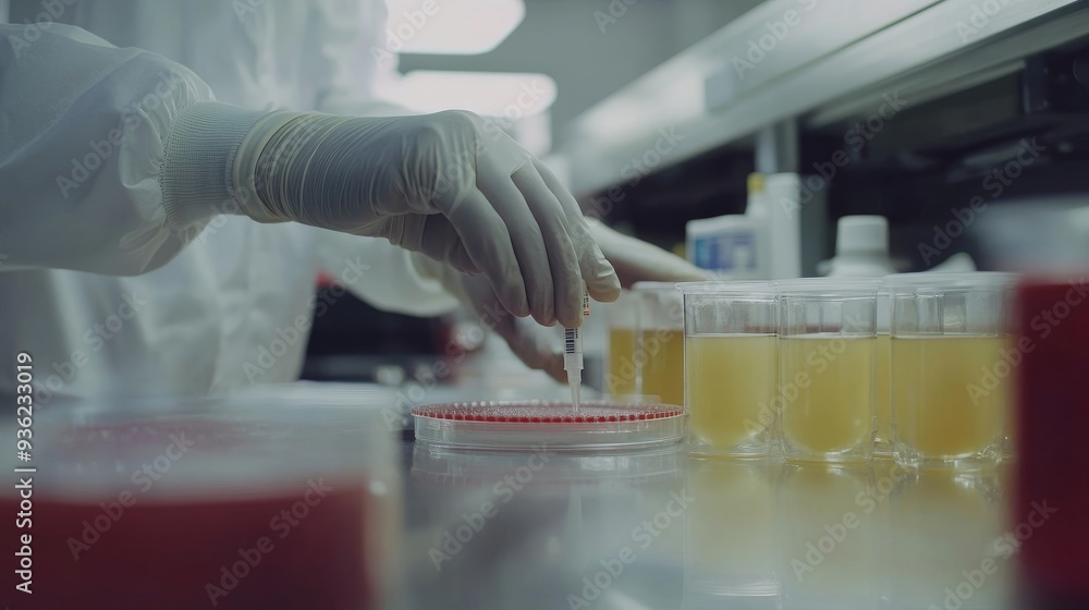 Poster a scientist is working in a lab with a tray of test tubes and a syringe