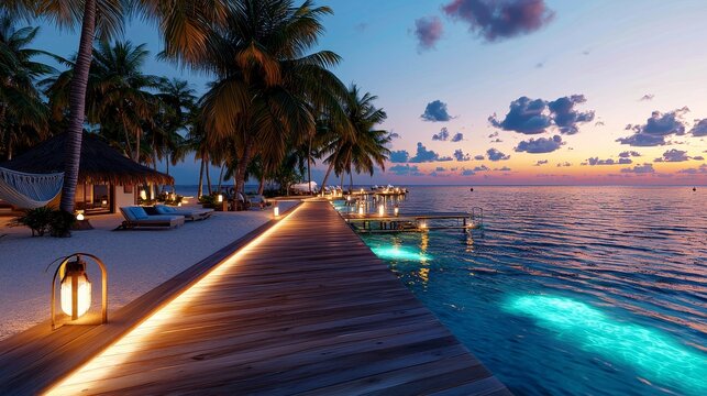 Fototapeta Resort pier extending into the ocean, with hammocks and soft lighting.