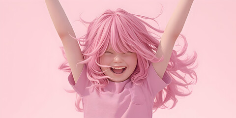Fototapeta premium Girl With Pink Hair and a Big Smile Has a Lot of Copy Space