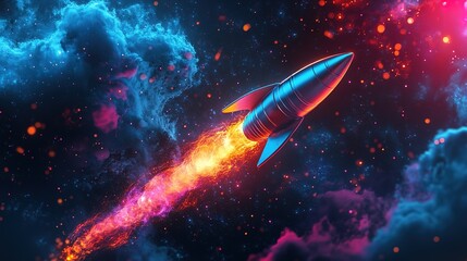 Fototapeta premium Rocket trajectory quantum wallpaper on dark background with neon light style 
