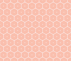 Abstract pattern of hexagon shapes. Red color on matching background. Rounded stacked hexagons mosaic cells. Hexagonal shapes. Seamless pattern. Tileable vector illustration.