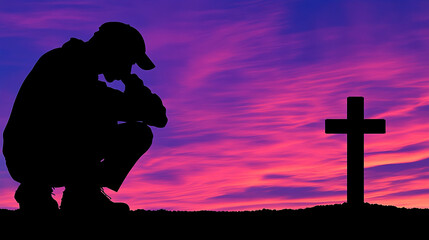 Silhouette of a Man Kneeling in Front of a Cross at Sunset with Copy Space for Easter or Christian Theme Background, Photorealistic