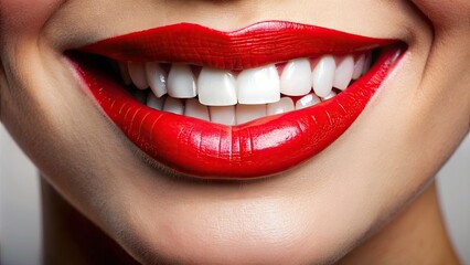 Obraz premium A bright and cheerful close-up shot of lush, plump lips curled up into a warm and inviting smile, revealing a hint of white teeth.
