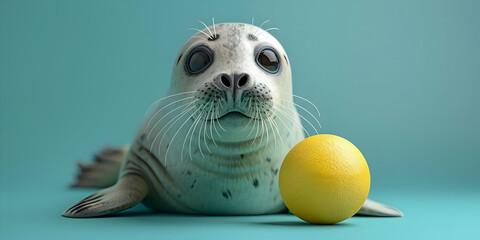 Cute Seal Pup with Yellow Ball - Copy Space