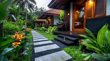 Fototapeta premium Tropical resort with bungalows surrounded by lush gardens and exotic flowers.